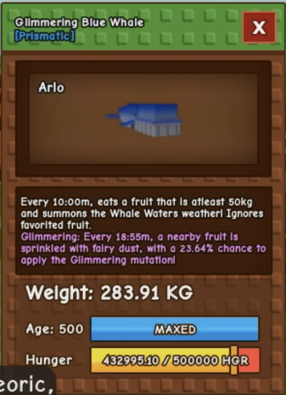 RARE PET! Glimmering HUGE Blue Whale 283.91KG Maxed Age 500 — Account account