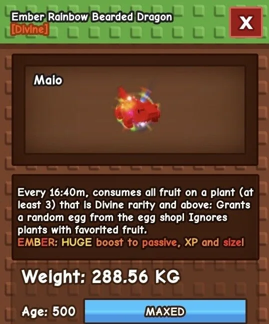 Ember Rainbow Hatched RBH Bearded Dragon Grow a garden (GAG). Digital pet. Fully boosted Age 500 GUARANTEED FAST DELIVERY