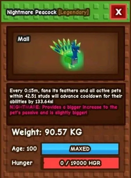 Nightmare Titan Peacock Max Age Kg 90 CD 15s Big Passive Big Visual RARE ITEM