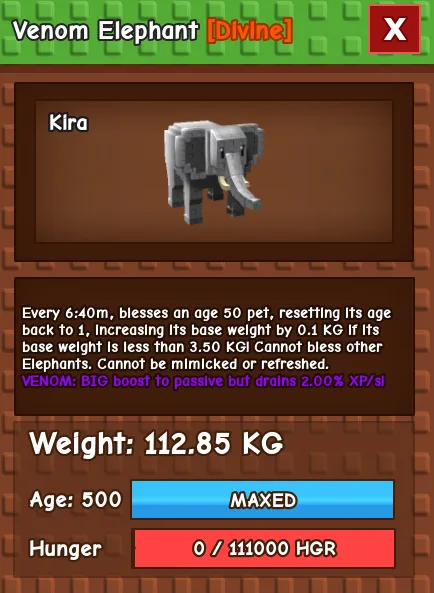 CHEAP Venom 112kg Elephant! every 6:40min can grow your pet by 0.1kg once at level 50! Fast Delivery