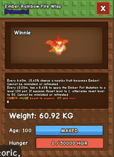 HUGE Rainbow Hatch Fire Wisp 60.92KG Ember New Pet! Fast Delivery