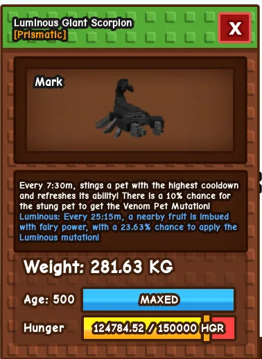 Titanic Huge LUMINOUS GIANT SCORPION 281.63Kg+ Age 500 DLC Pet Maxed CD