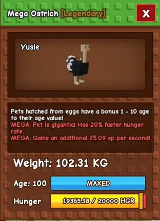 MEGA COLOSSAL OSTRICH 102.31 KG Age 100 (Max) — Account account
