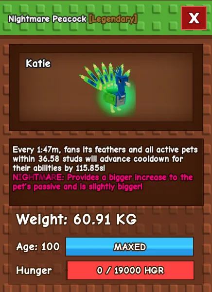 HUGE Nightmare Peacock 60.91 kg 15 secs w toy 1:47 w/o toy Grow A Garden GAG