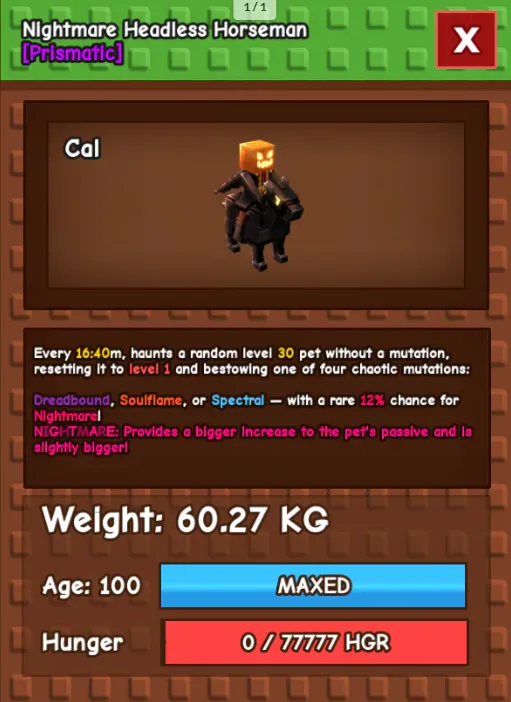 HUGE HEADLESS HORSEMAN NM / VENOM / EVER 60KG-61KG AGE 100