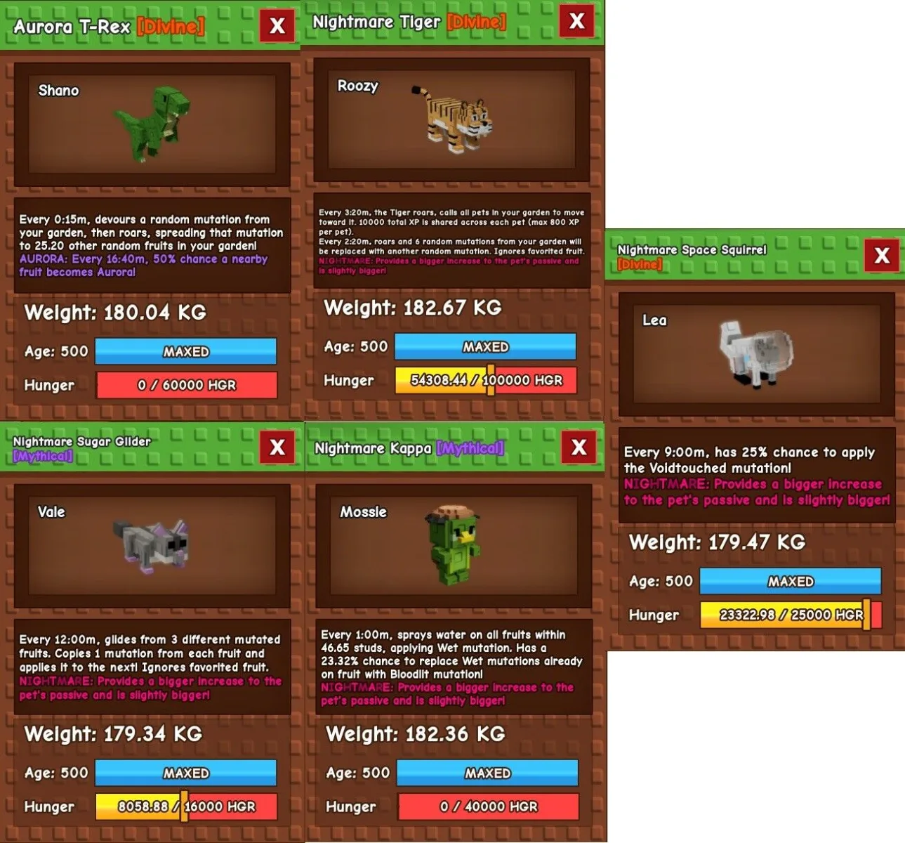 MUTATION Method Pet PACKAGE 5x Pets Aurora T-Rex, Tiger, Kappa, Sugar Glider, Space Squirrel All Age 500 All Around 180kg Huge Titanic Godly - EP (L