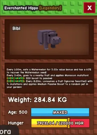 280KG+ Everchanted Hippo Legendary // super handsome // Age 500 MAXED // Monsoon + Passive Boost//not mummy//i run out of tag others limitation