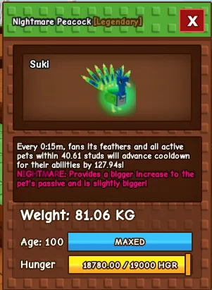 NIGHTMARE PEACOCK 81.06 KG AGE 100 (MAX) 15 seconds cooldown — Account account