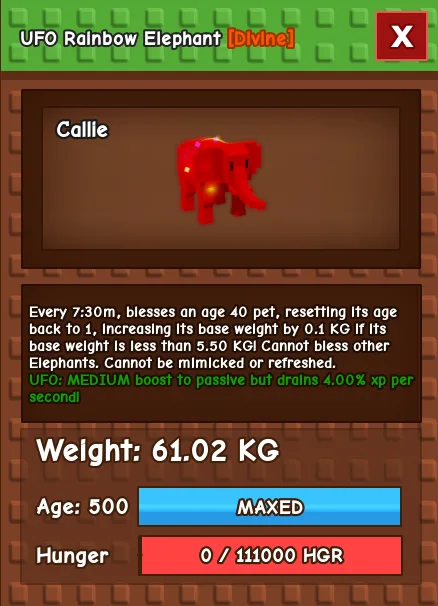 UFO Rainbow Elephant (RBH Elephant) - 61.02kg (Max Age)