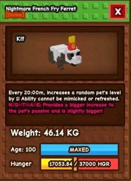 Nightmare French Fry Ferret Max Age Kg 60+ Big Passive Big Visual ITEM RARE — Account account