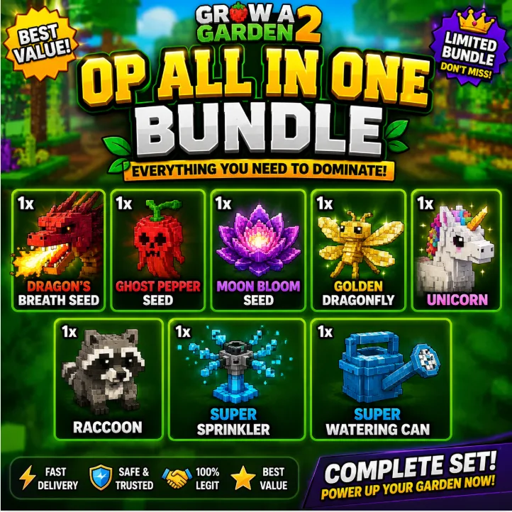 1x Dragon's Breath Seed 1x Ghost Pepper Seed 1x Moon Bloom Seed 1x Golden Dragonfly 1x Unicorn 1x Raccoon 1x Super Sprinkler 1x Super Watering