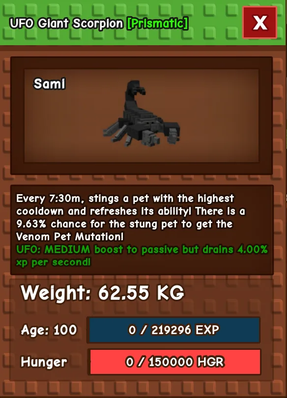 Giant Scorpion 62.55 KG Level 100 UFO Mutation