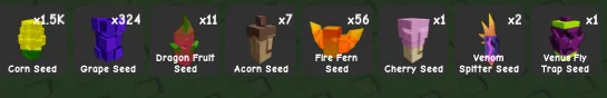 1.5k Corn seed + 324x grage seed +1x dragon fruit seed + 7x acorn seed +1x cherry seed + 56x fire fern Instant Delivery Safe Trade Grow a Garden 2 H