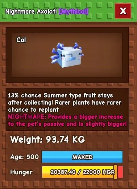 AXOLOTL 93.74kg Max Passive 13 Use with Ruby Squid s Fruits Stay After Harvest For Summer Event - Cal (EP)