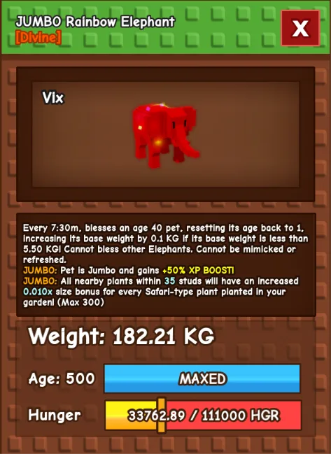 COLLOSSAL RBH ELEPHANT 182KG age 500 (RAINBOW HATCHED)