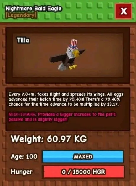 Tintan Nightmare Bald Eagle Max Age Kg 60 Full Passive Big Visual RARE ITEM