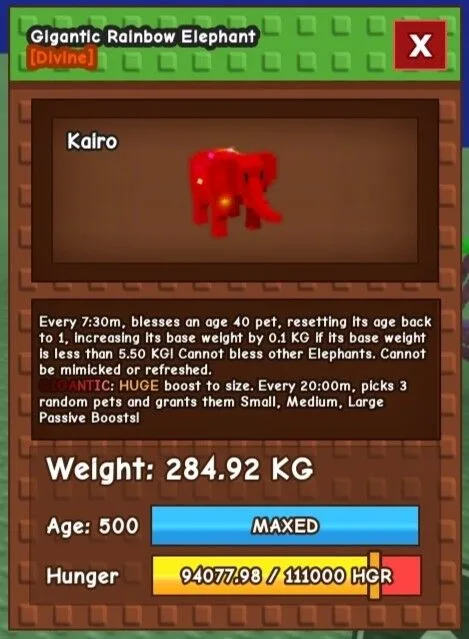Gigantic Rainbow Hatched Elephant Weight 284,92 KG Age 500 Instant Delivery and Super Cheap Pet Grow a Garden