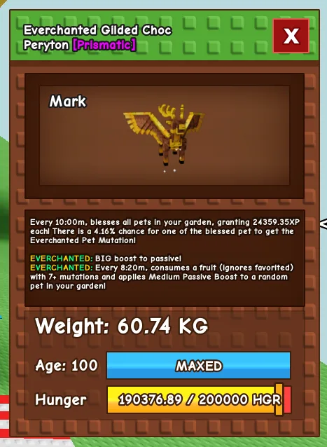 Gilded Choc Peryton Huge 60kg/61kg age 100 max level