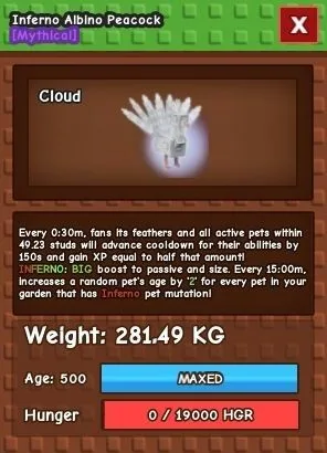 Inferno Colossal Albino Peacock 280kg+ - Grow A Garden