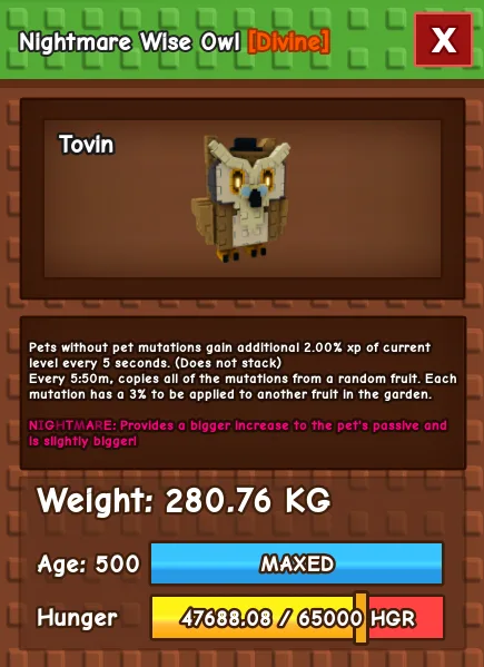 Nightmare Wise Owl 280 KG Age 500 instant delivery titanic wise owl 280kg huge wise owl 280 kg nightmare mutation wise owl new pet summer pet
