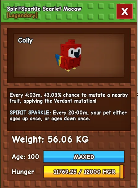 GODLY TITANIC COLOSSAL SPIRITSPARKLE SCARLET MACAW 56.06 KG Age 100 MAX — Account account