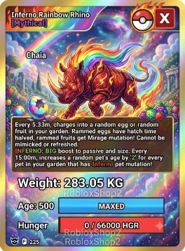 283.05KG INFERNO RAINBOW RHINO I MAX 500 AGE l READY TO USE - 5:33 MIN MAX CD - NO TOY PET COLLECTIBLES LIMITED STOCK