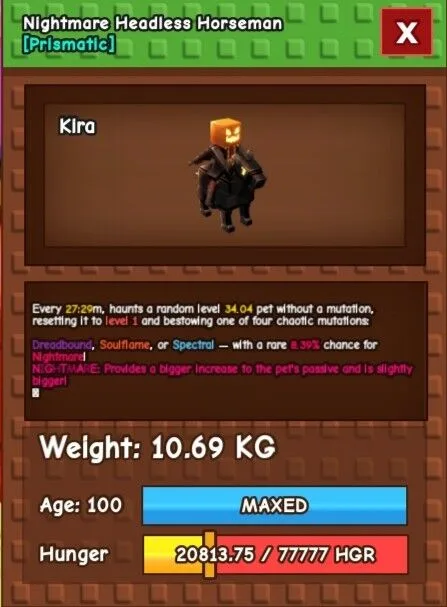 Nightmare headless horseman 10kg age 100 years