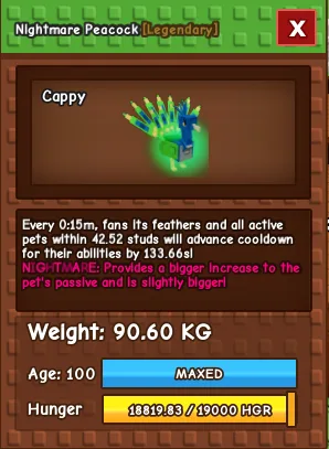 NIGHTMARE PEACOCK 90.60 KG AGE 100 (MAX) 15 seconds cooldown — Account account