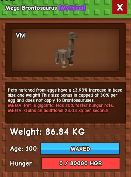 86.83kg (100 age) Titanic - Semi-godly Mega Brontosaurus