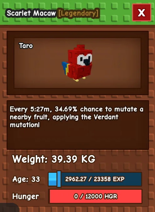 COLOSSAL TITANIC SCARLET MACAW AGE 33 39.39KG 100KG IF MAXED GAG PET INSTANT DELIVERY — Account account