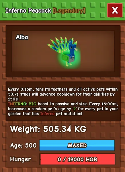 500KG Inferno Peacock Age 500 Instant Delivery