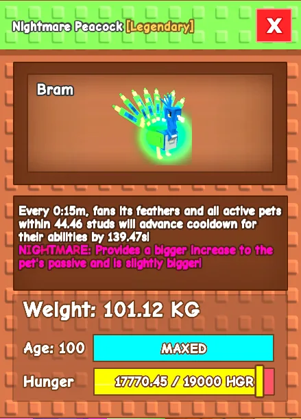NIGHTMARE PEACOCK 101.12KG AGE 100 (MAX) 15 seconds cooldown — Account account