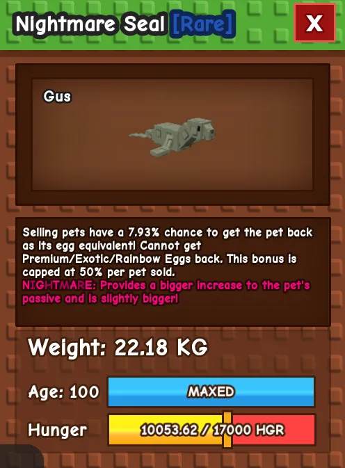 NIGHTMARE SEAL AGE 100 22.18KG GAG PET INSTANT DELIVERY — Account account