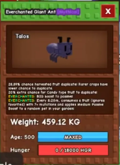 459KG+ Everchanted Giant Ant Age 500 // 28.98 chance double fruits // Super Handsome and Handsome // not yeti/i run out of tag others limitation