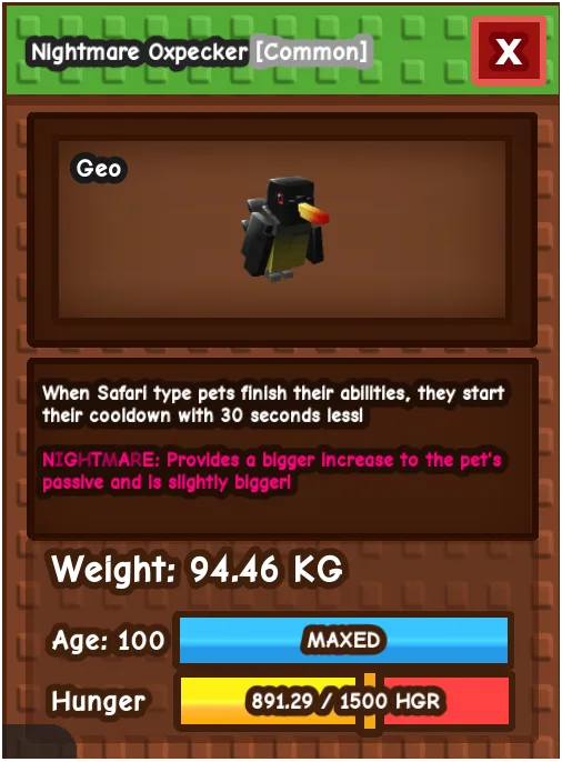 NIGHTMARE GODLY TITANIC OXPECKER 94.46KG MAXED GROW A GARDEN PET