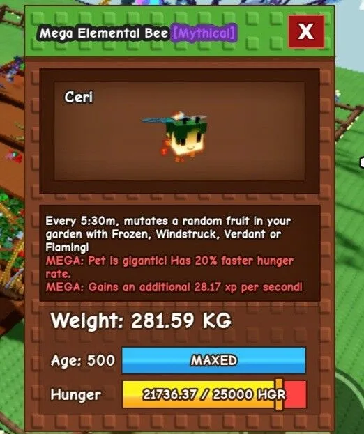 Mega mutation Elemental Bee Maxed Age 500 level 280kg