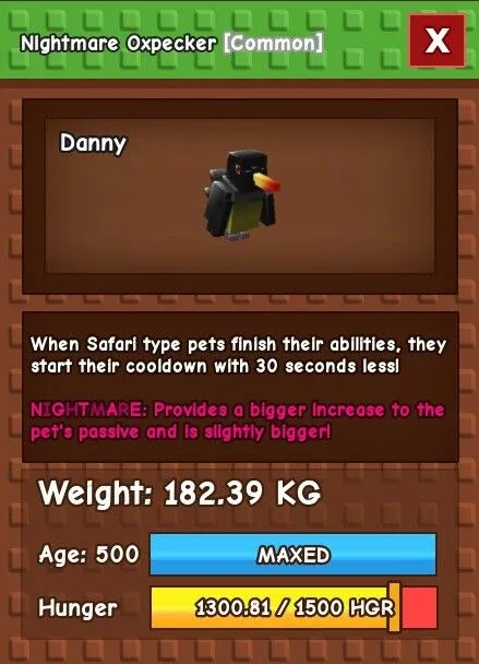 Nightmare Oxpecker 182.39kg Age 500 Max Passive Huge Godly Titanic - Danny (GP)