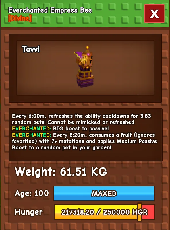 HUGE Everchanted Empress Bee 61.51KG Age 100 l New Divine Pet l Grow A Garden l Insta Delivery — Account account