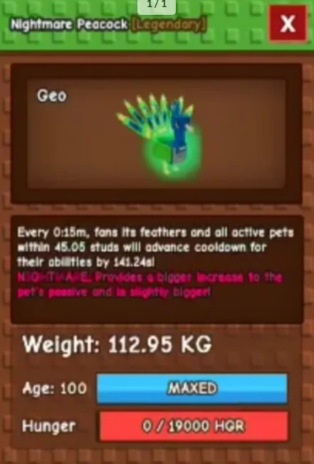 NM Huge PEACOCK 112 KG AGE 100 Fast Delivery Nightmare