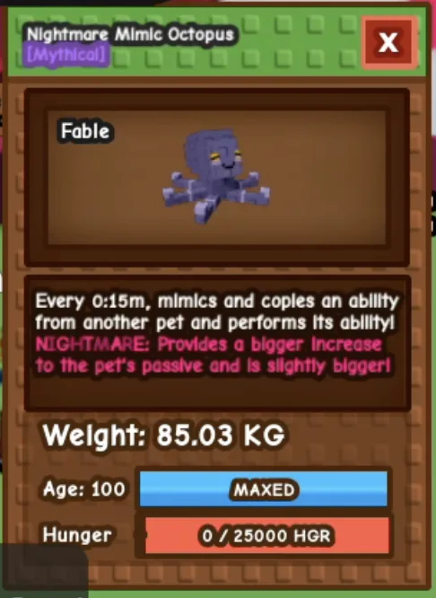 Roblox GROW A GARDEN NIGHTMARE TITAN Mimic Octopus 85 KG MAX LEVEL 100 (15s SKILL WITHOUT TOY)