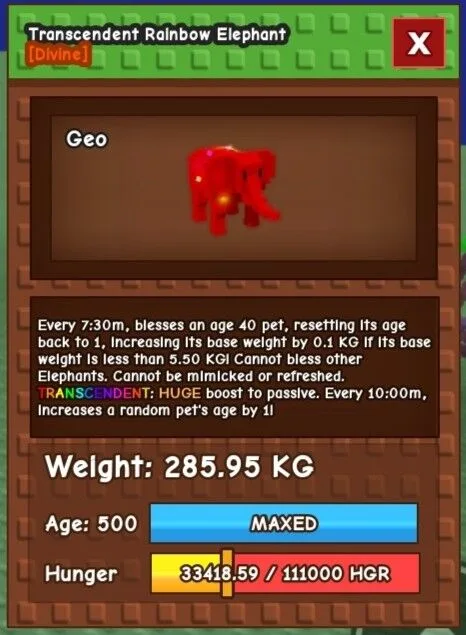 Transcendent Rainbow Hatched Elephant Weight 285,95 KG Age 500 Instant Delivery and Super Cheap Pet Grow a Garden