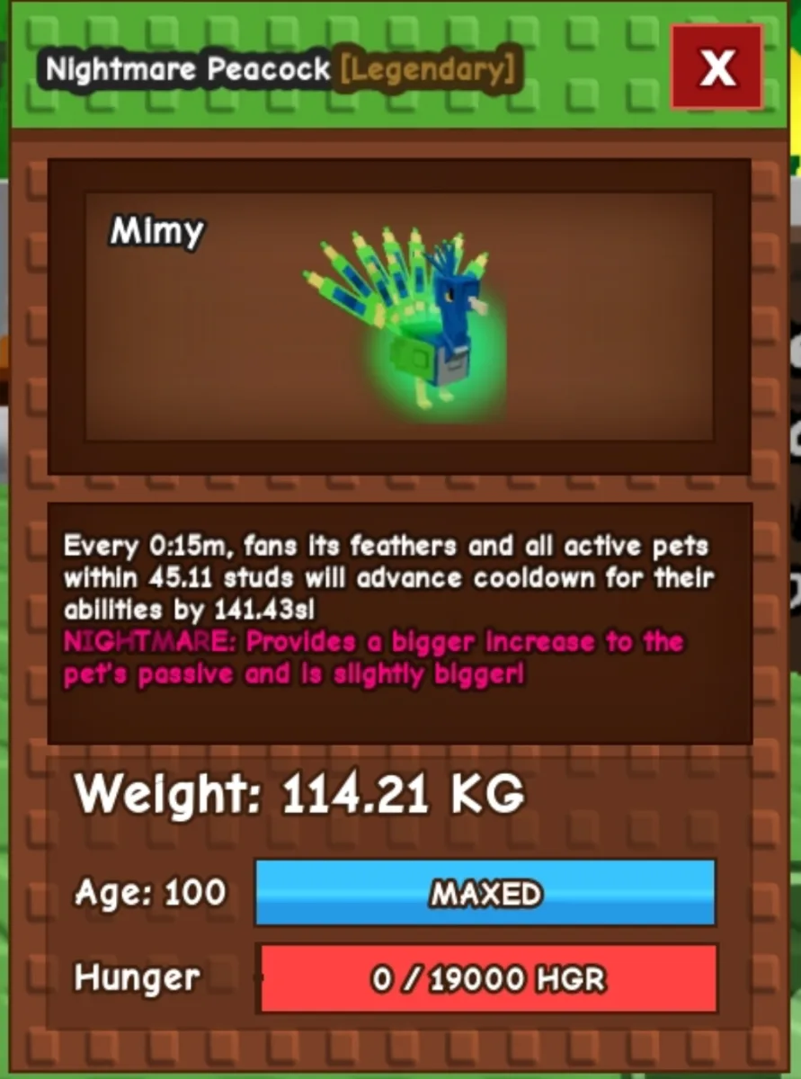 GODLY COLOSSAL MAXTON PEACOCK 114 KG 15S NIGHTMARE MUTATION