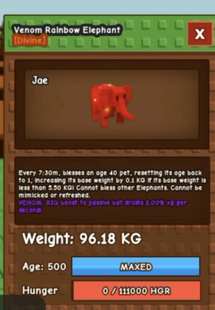 Venom Rainbow Hatched Elephant Max Passive Weight 96.18Kg Age 500 Via Gift Or Trade Fast Delivery EJ