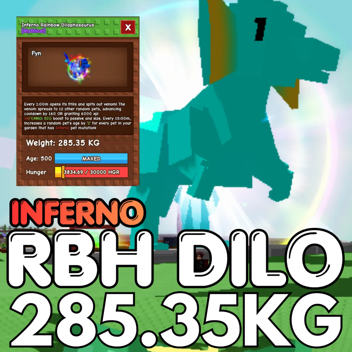 INFERNO Huge Rainbow Hatched Dilophosaurus 285.35KG RBH Dilo Age 500 INSTANT DELIVERY