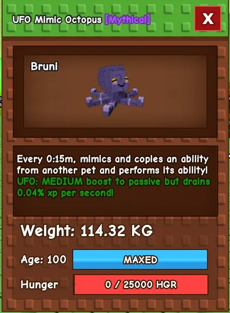 MIMIC MAX TONS SUPER RARE 114KG AGE 100 GROW A GARDEN