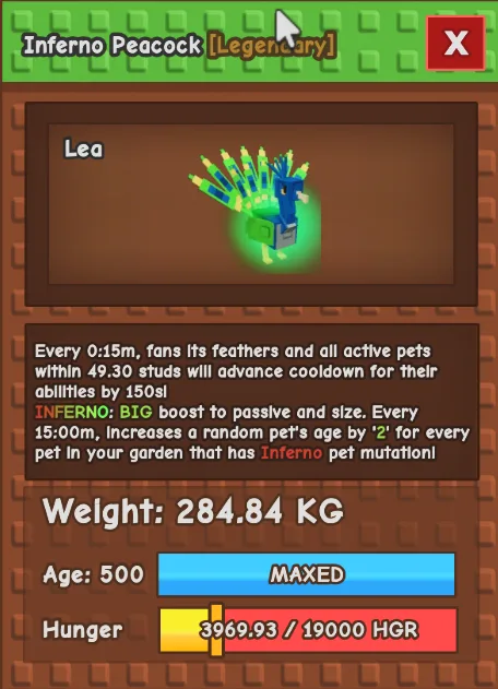 280kg+ INFERNO Peacock - META LEVELING PET (15 seconds)