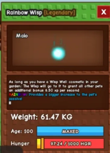 60kg+ Rainbow Wisp super handsome and cute ( 60kg+ at level 100, can go to 280kg+ at level 500 max)