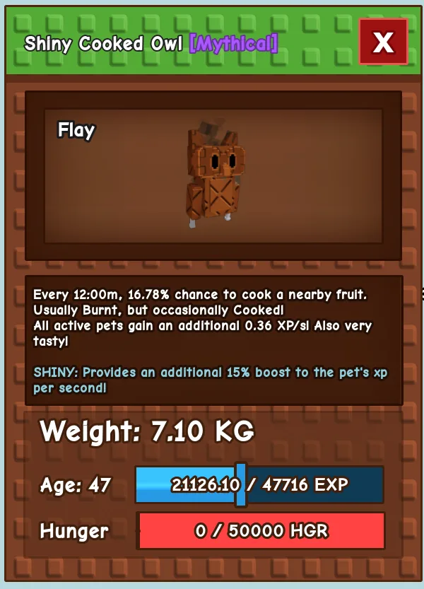 AGE 47 Shiny Cooked Owl Pet (Mythical / 7.10 KG) - Pet XP Boost - Fast