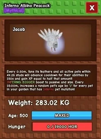 283.02KG INFERNO ALBINO PEACOCK ON HOLD ! INSTAND DELIVERY