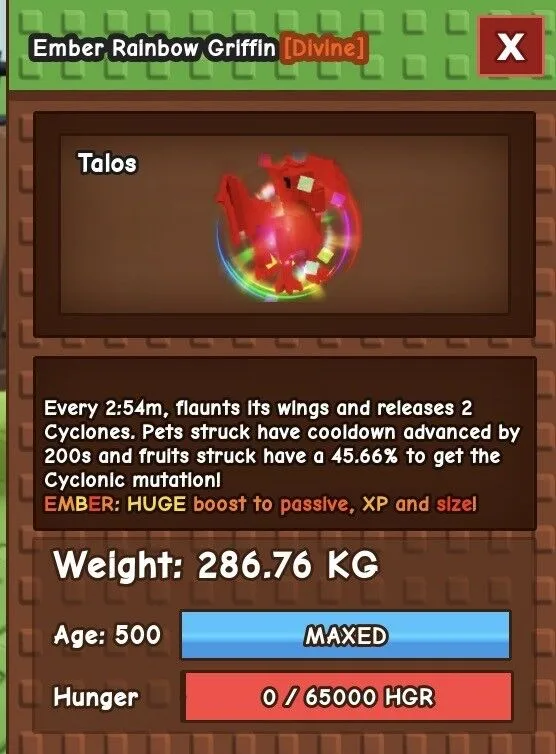 Rare KG Huge Rainbow Hatch Griffin 284Kg+ Age 500 Ember RBH PET